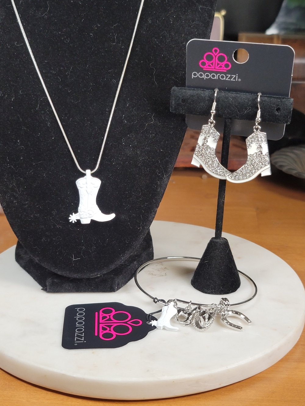 Paparazzi Silver Cowboy Boot Necklace, Earring, & Charm Bracelet Set